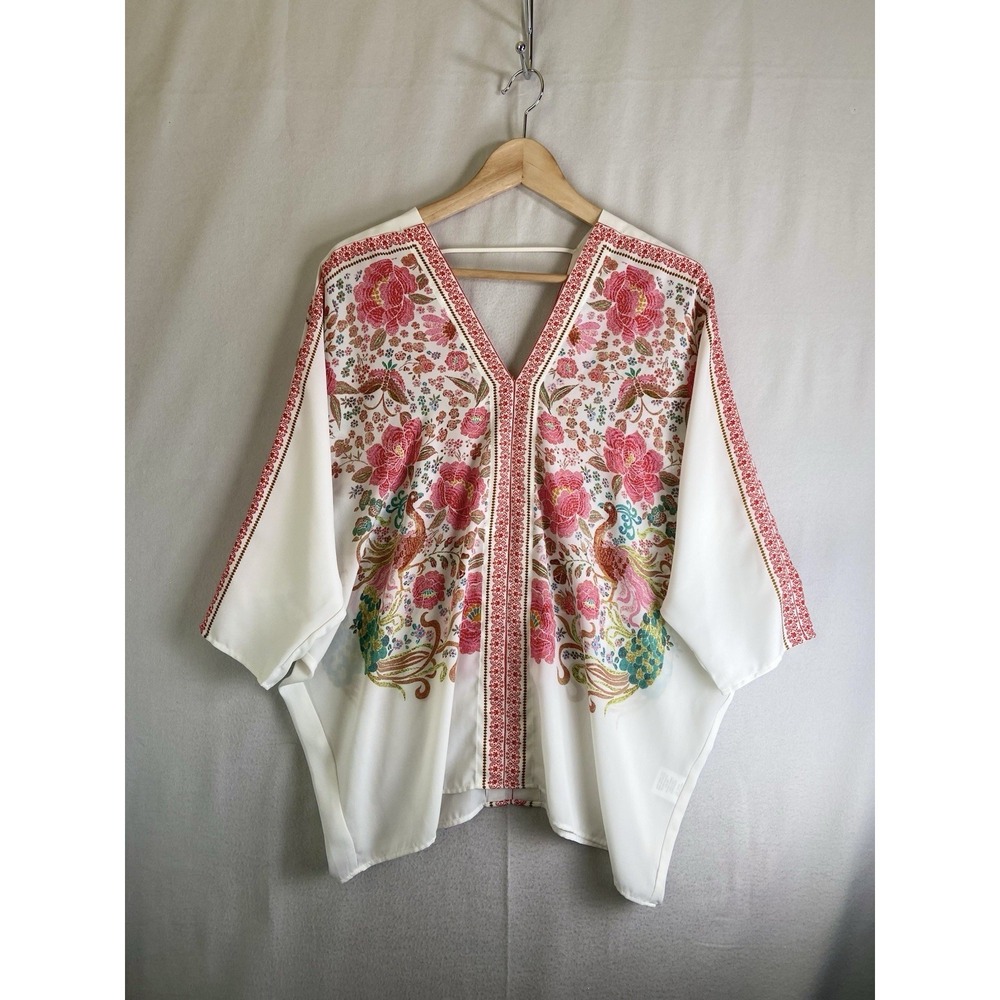 Rose + Olive Kimono Sleeve Blouse M Floral Peacock Boho Kimono Blouse Sheer Flow